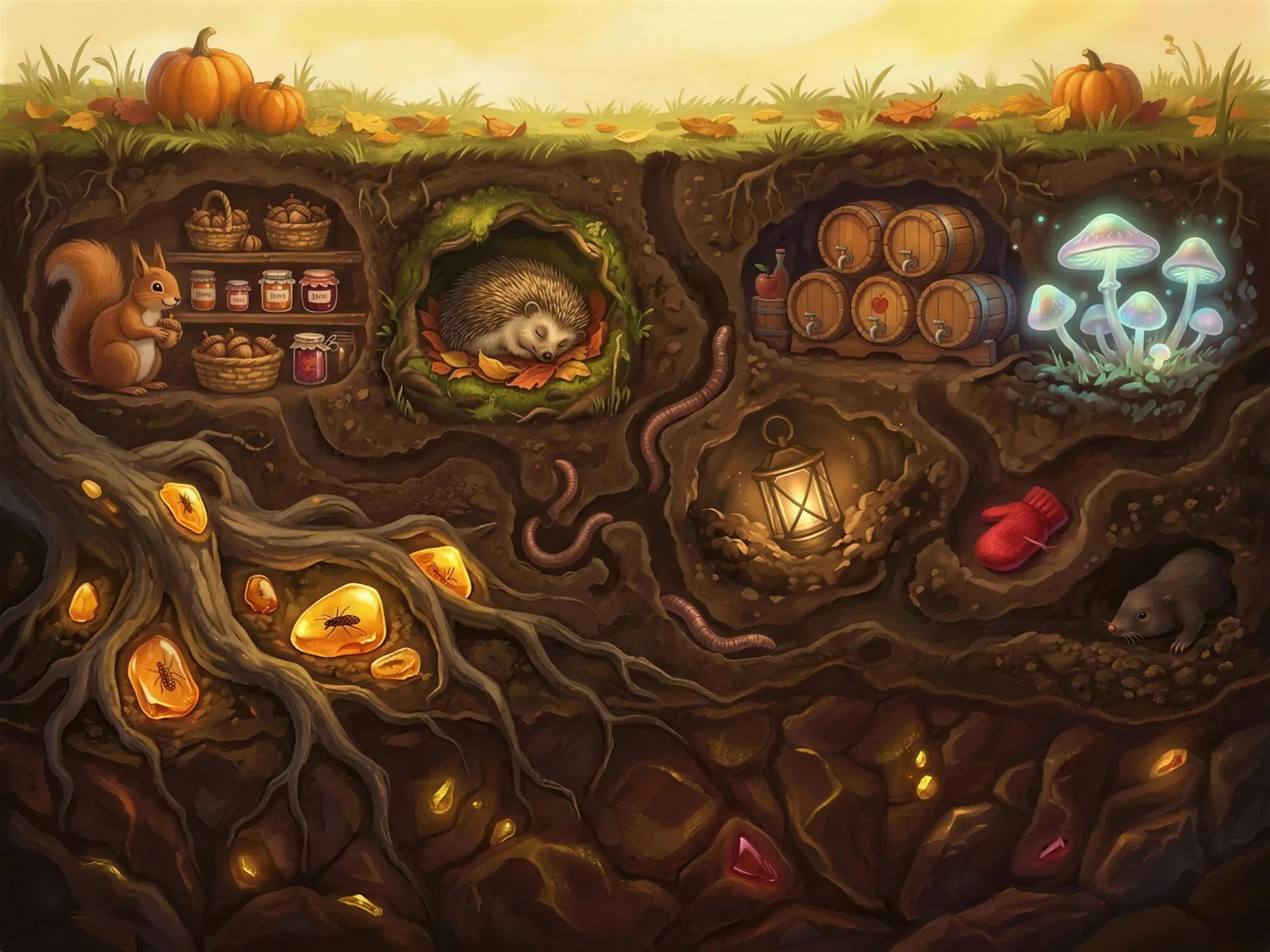 Storybook cross-section of the autumn ground: a squirrel's pantry of acorns and jams, a sleeping hedgehog, apple juice barrels, glowing mushrooms, amber stones and a buried lantern