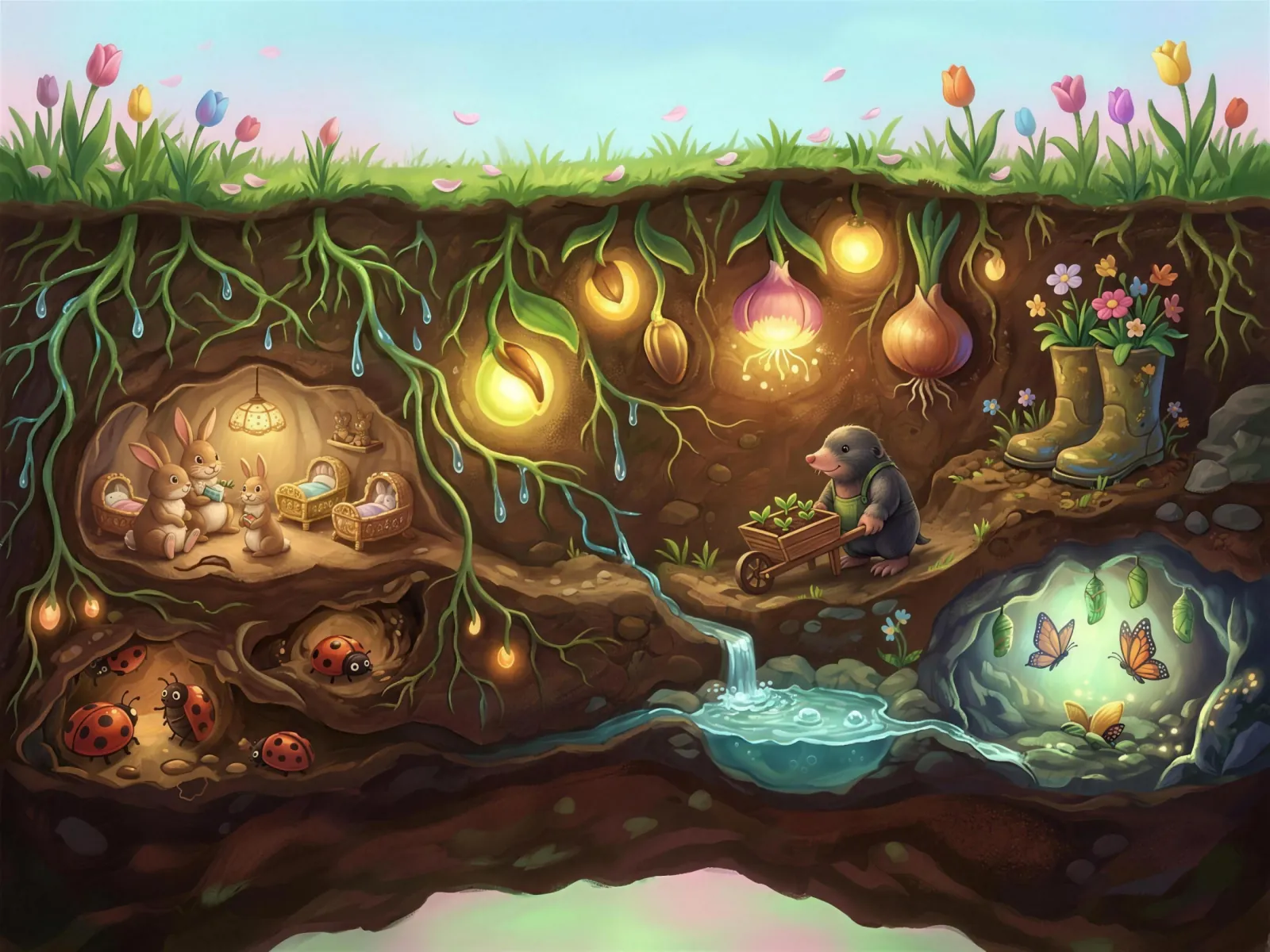 Storybook cross-section of the spring ground: glowing sprouting bulbs, a rabbit family nursery, a mole gardener with a wheelbarrow, ladybug caves, flowers growing from old rainboots and butterflies hatching in a grotto