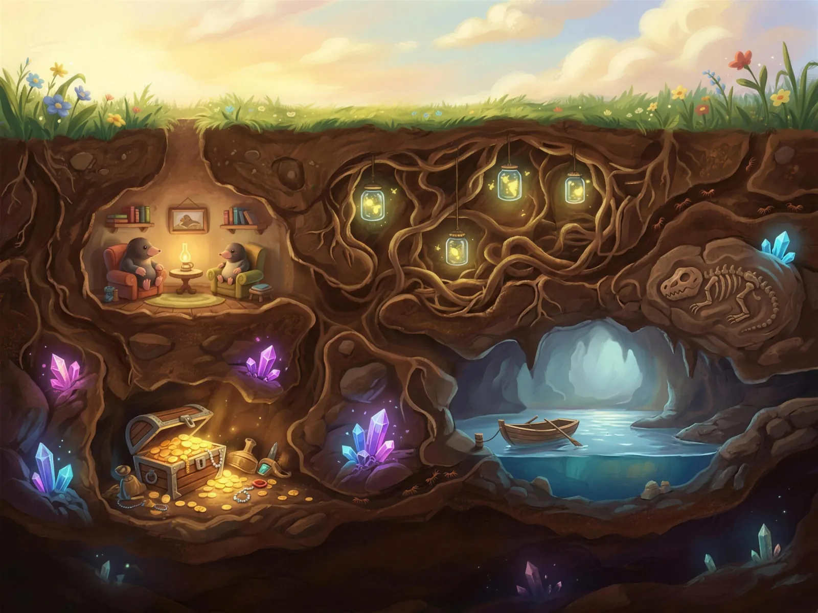 Storybook cross-section of the summer ground beneath Wonderyear: a cozy mole burrow, glowing firefly jars among roots, a treasure chest, crystals, a dinosaur fossil and an underground lake with a rowboat