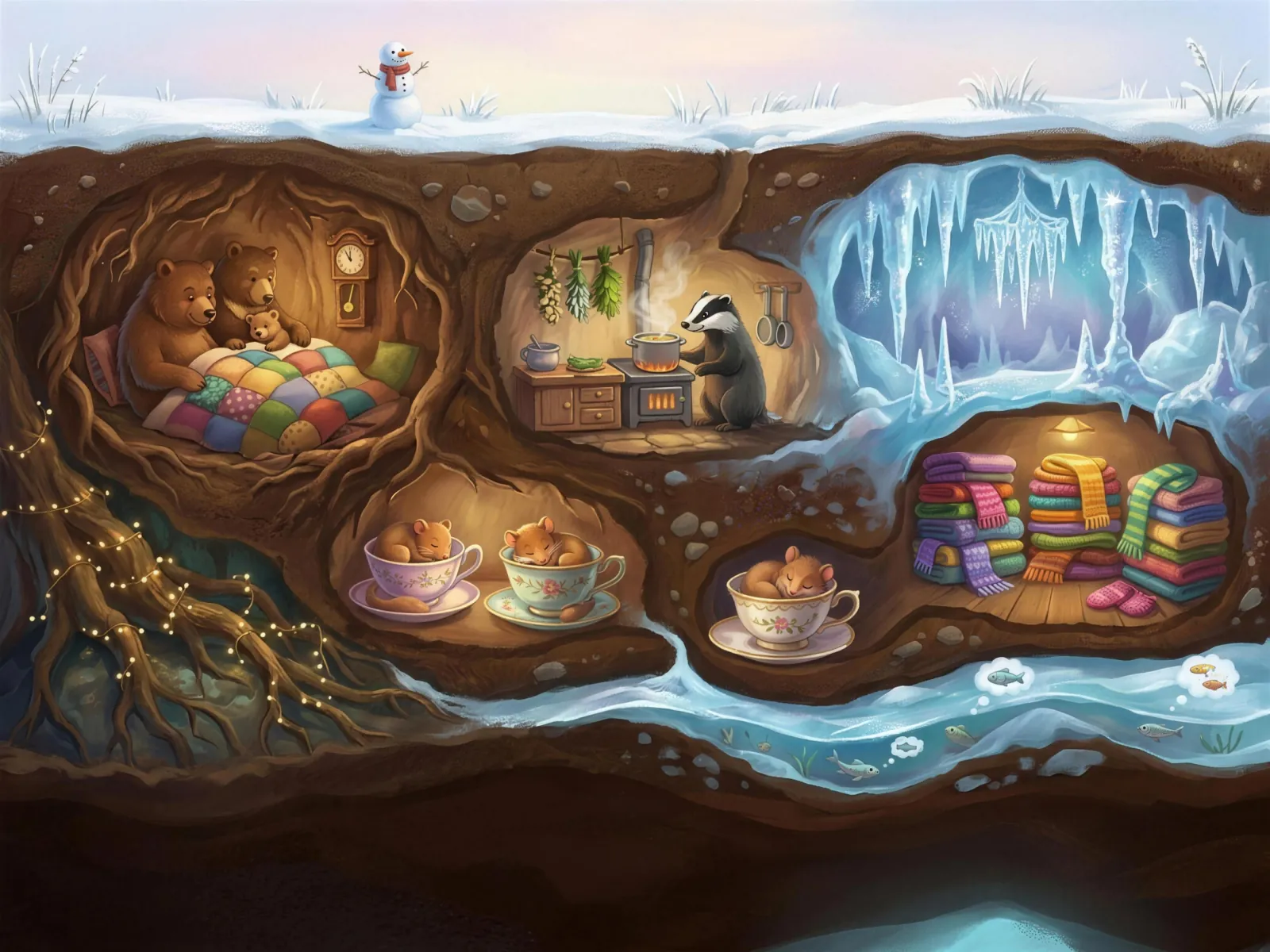 Storybook cross-section of the winter ground: hibernating bears under a patchwork quilt, a badger cooking soup, dormice sleeping in teacups, stacks of knitted scarves, ice caves and a frozen stream with dreaming fish