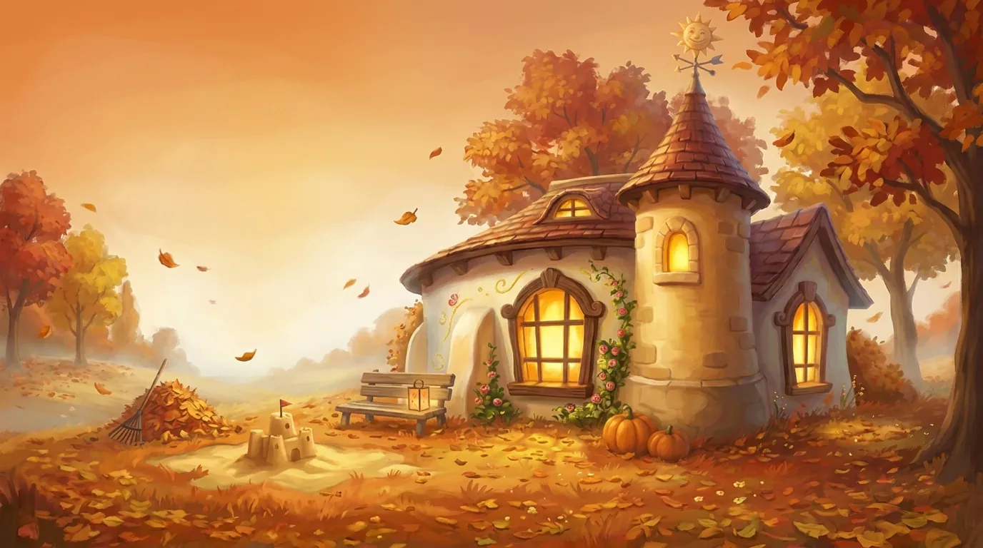 The Wonderyear pavilion among glowing amber trees, falling leaves and pumpkins