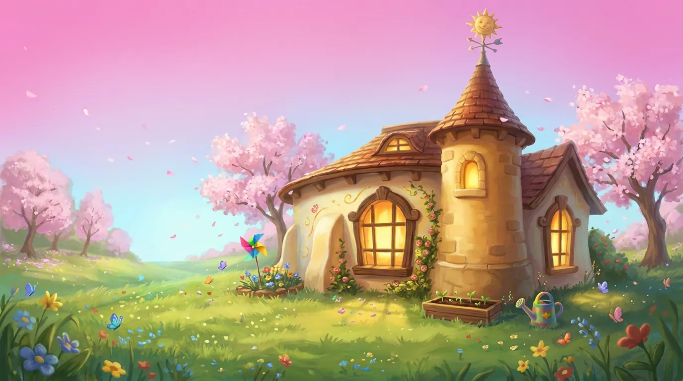 The Wonderyear pavilion in a blooming spring meadow with cherry blossoms and a pinwheel