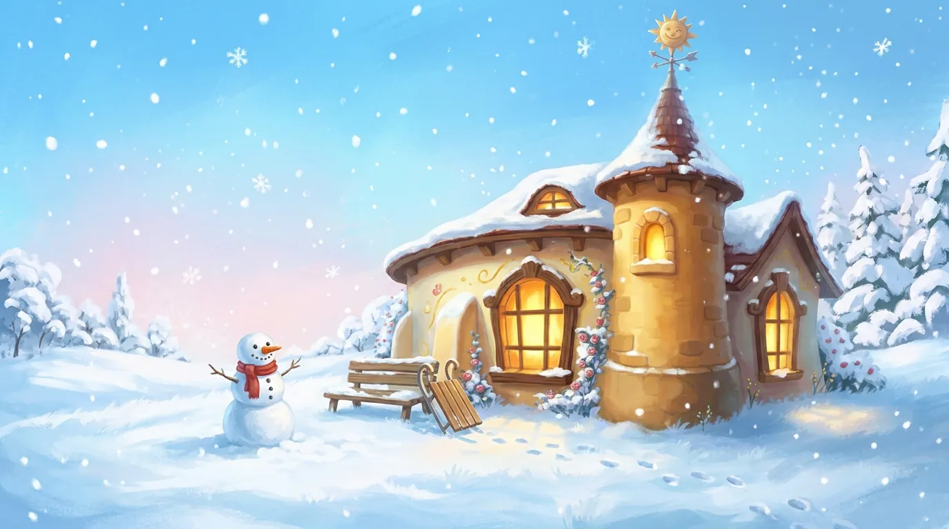 The Wonderyear pavilion under soft snow with a friendly snowman and a sled