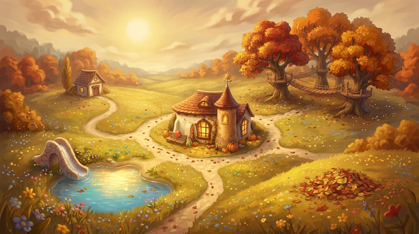 The same map of Wonderyear in autumn, with amber trees, fallen leaves, a leaf pile and pumpkins