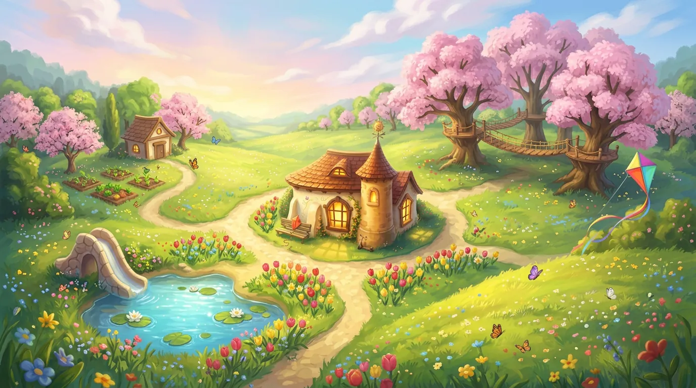 The same map of Wonderyear in spring, with blossoming pink trees, tulips, garden beds and a kite over the hill