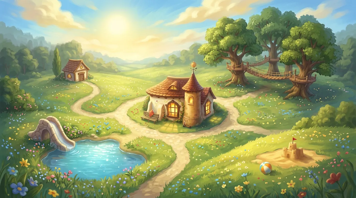 Illustrated summer map of Wonderyear: the pavilion in the middle, a swimming pond with a slide, a sandcastle hill, treetop rope bridges and a little workshop hut
