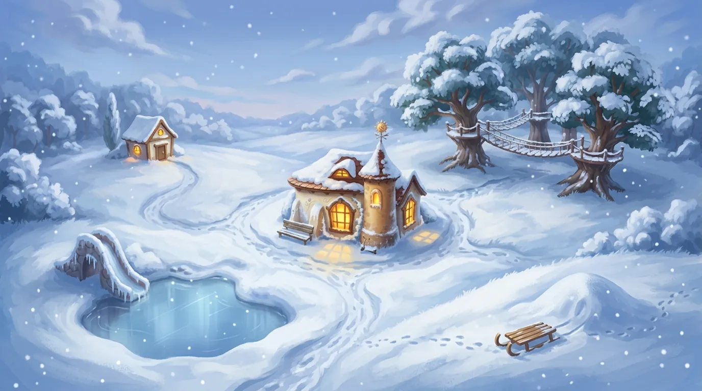 The same map of Wonderyear in winter, under snow, with a frozen skating pond and a sled on the hill